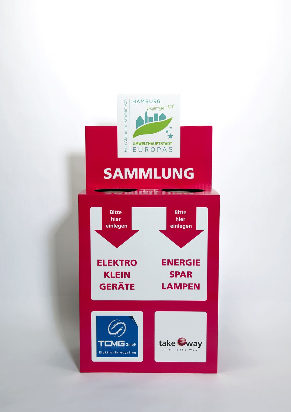 Die rote Sammelbox für Energiesparlampen und Elektrokleingeräte